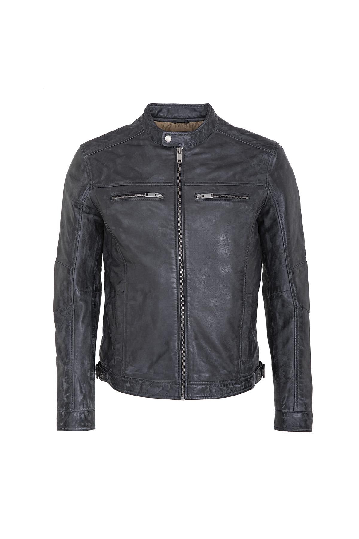 Men's black distressed leather jacket - Image n°2