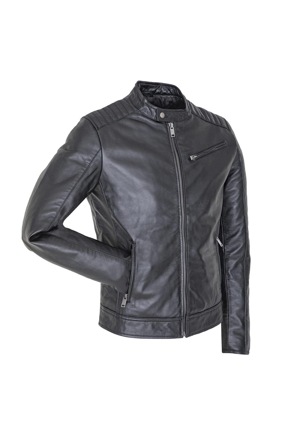 Men's black leather jacket with snap collar - Image n°3