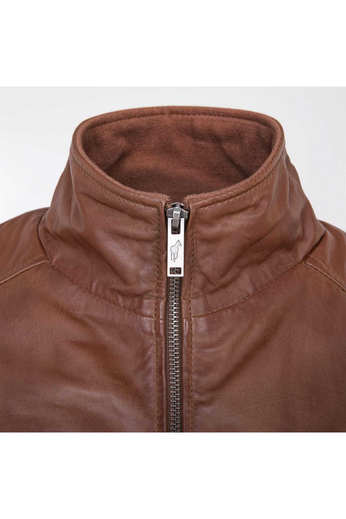 Cognac-colored stand-up collar jacket - Image n°2