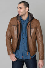 Leather jacket with hood and facing - Image n°1