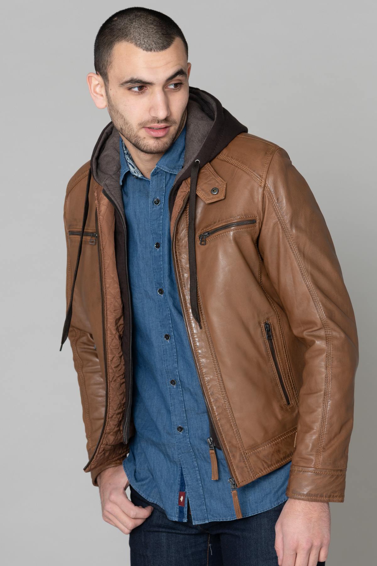 Leather jacket with hood and facing - Image n°4