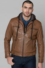 Leather jacket with hood and facing - Image n°3