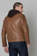 Leather jacket with hood and facing - Image n°6