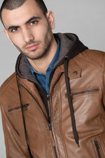 Leather jacket with hood and facing - Image n°7