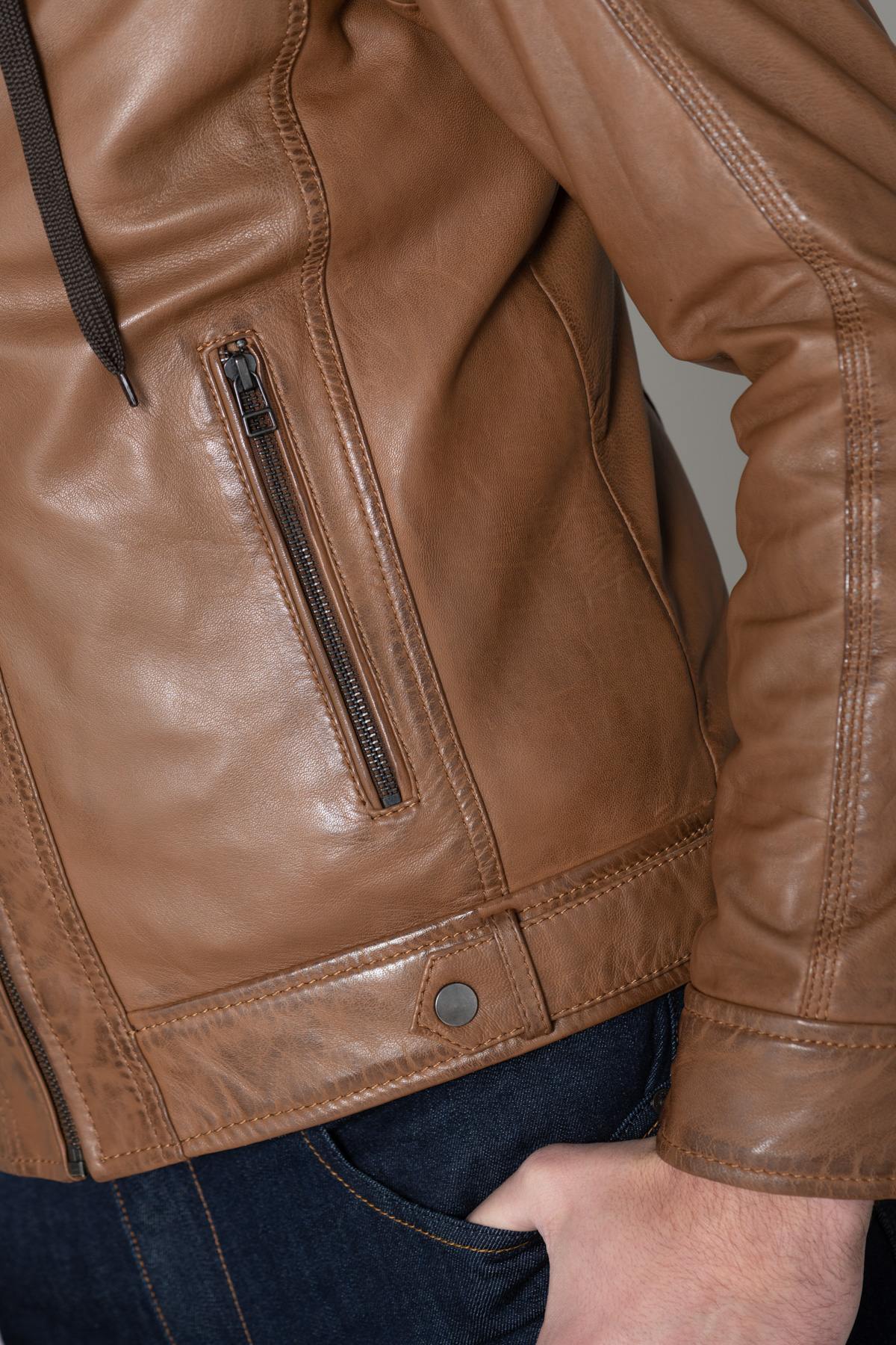 Leather jacket with hood and facing - Image n°8