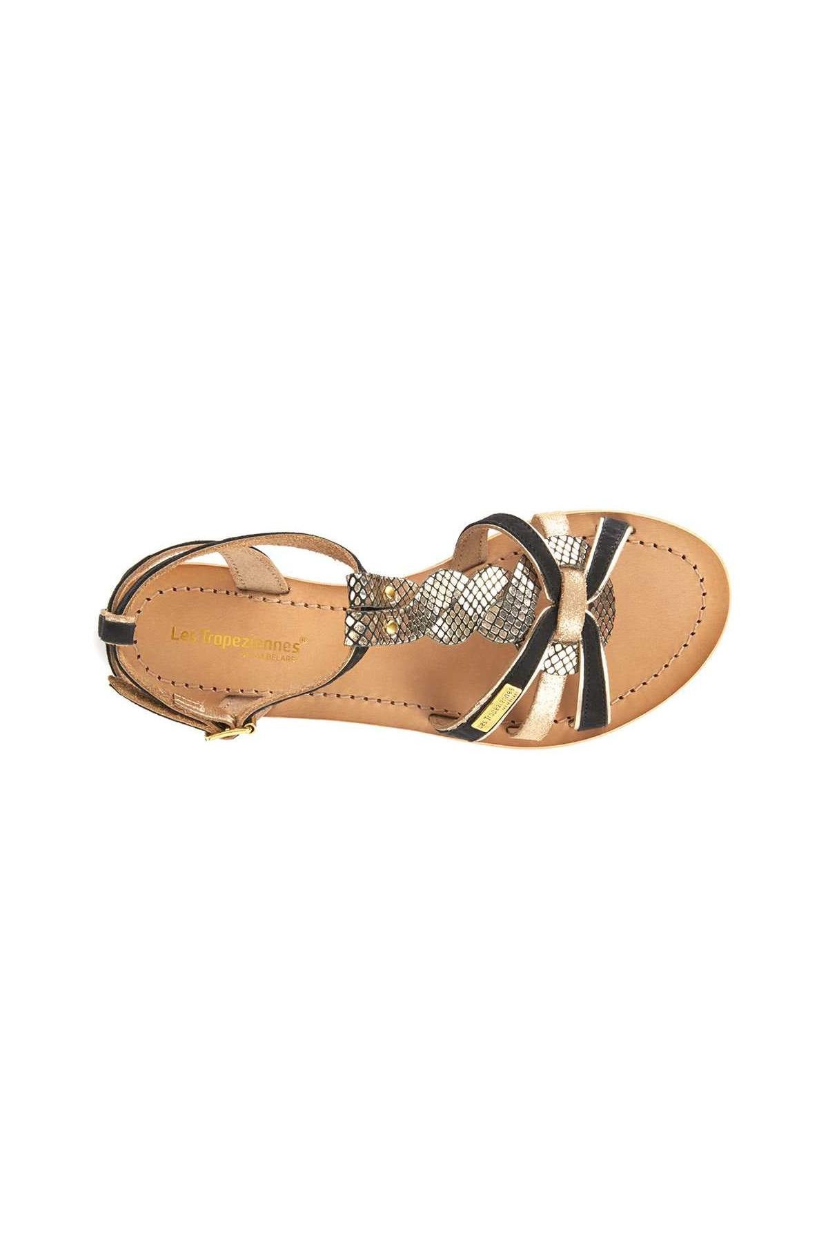 Women's strappy sandals in black and gold leather - Image n°3