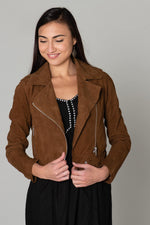 Short perfecto in cognac suede leather - Image n°1