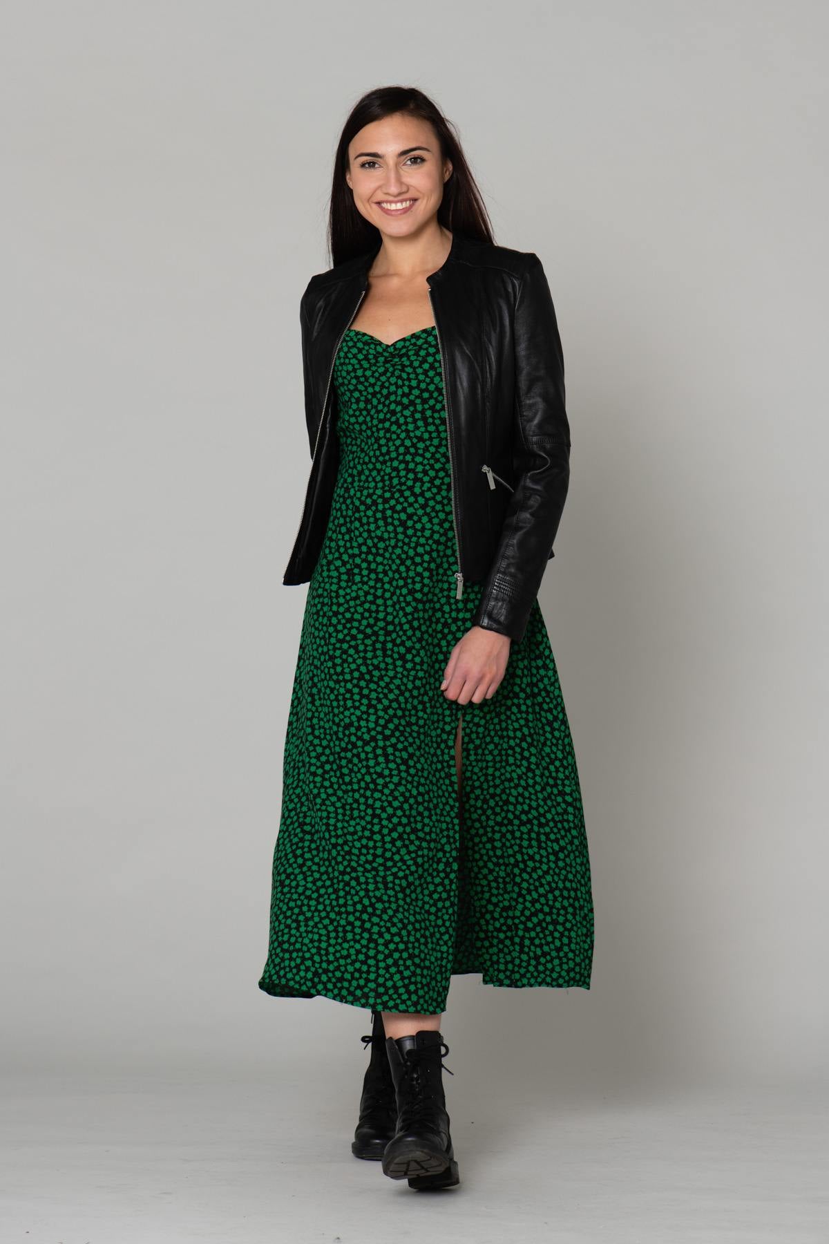 Women's black leather jacket with round neck - Image n°2
