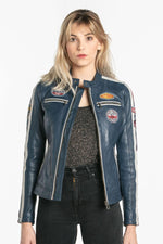 Blue leather biker look jacket - Image n°5
