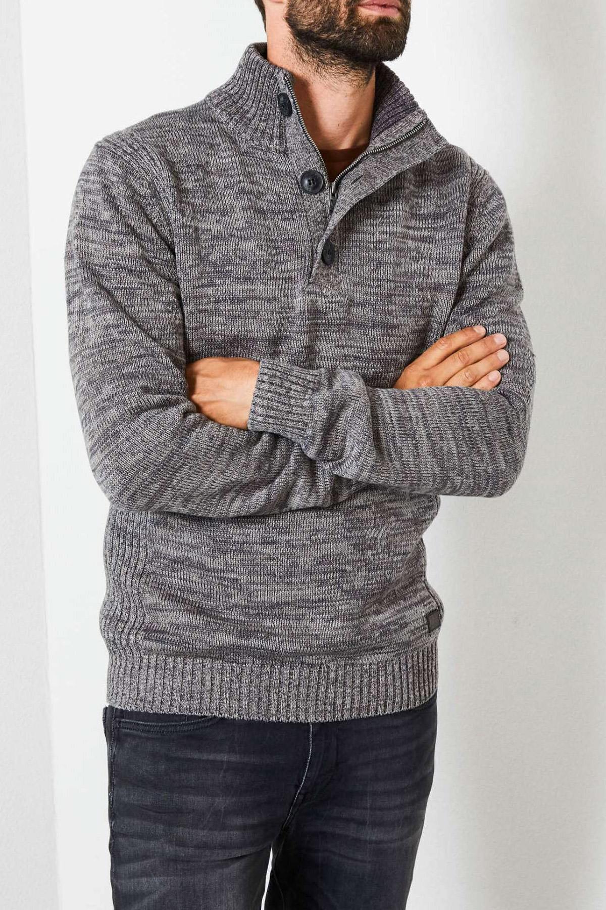 Heather gray button-down collar knit sweater - Image n°1