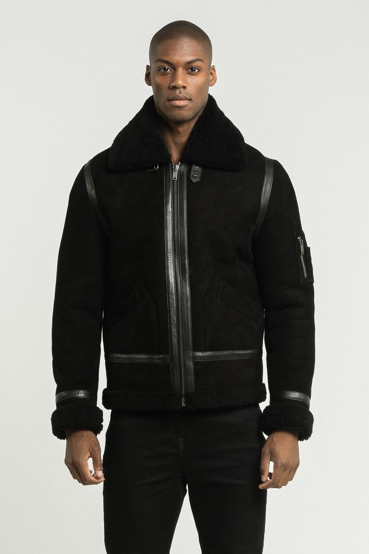 Black shearling bomber jacket - Image n°8