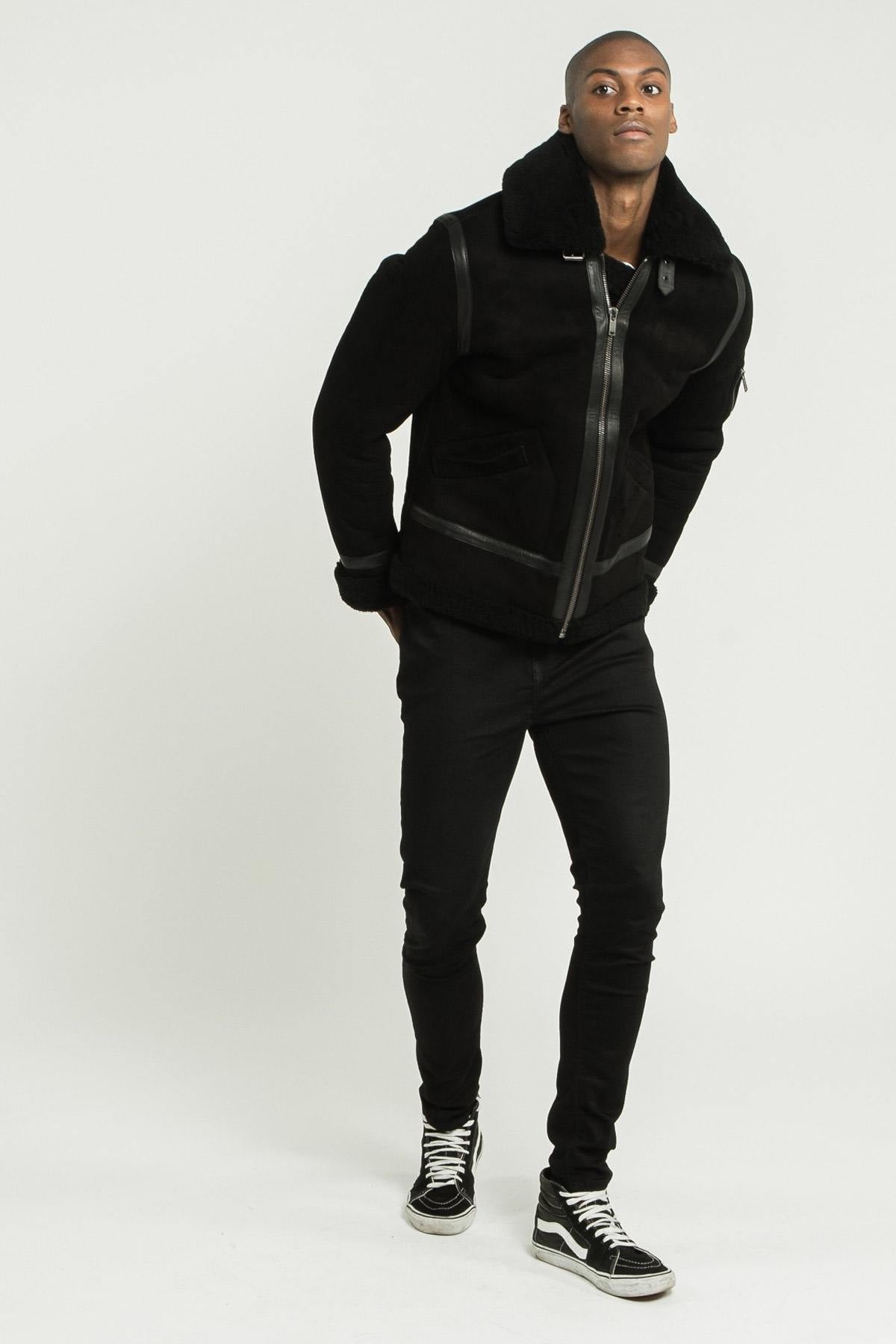 Black shearling bomber jacket - Image n°3