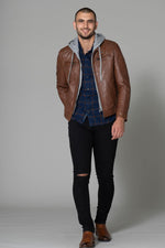 Leather jacket with facing and hood - Image n°2