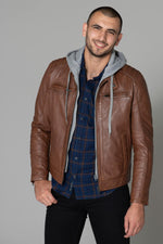 Leather jacket with facing and hood - Image n°3