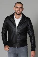 Black sheepskin leather jacket with stand-up collar - Image n°5
