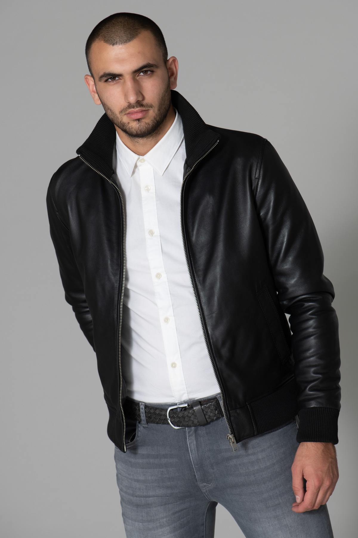 Black sheepskin leather jacket with stand-up collar - Image n°1