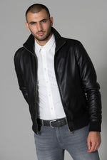 Black sheepskin leather jacket with stand-up collar - Image n°1