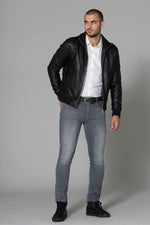 Black sheepskin leather jacket with stand-up collar - Image n°3