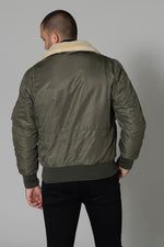 Khaki pilot jacket with beige fur-lined collar - Image n°7