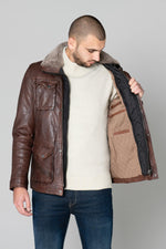 Mid-length brown leather jacket with fur collar - Image n°6