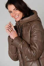 Brown leather down jacket for women - Image n°8