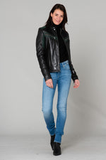 Women's green and black biker-style jacket - Image n°2