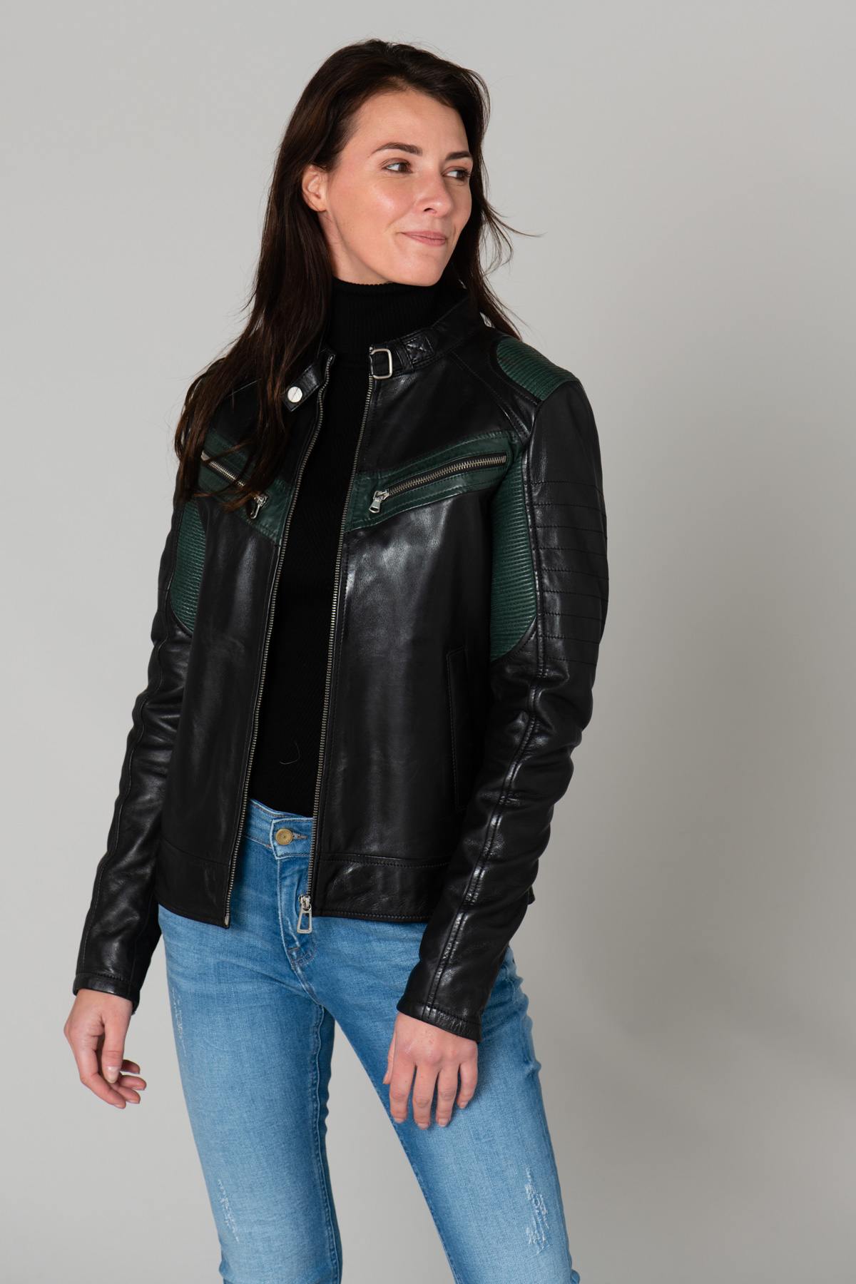 Women's green and black biker-style jacket - Image n°1