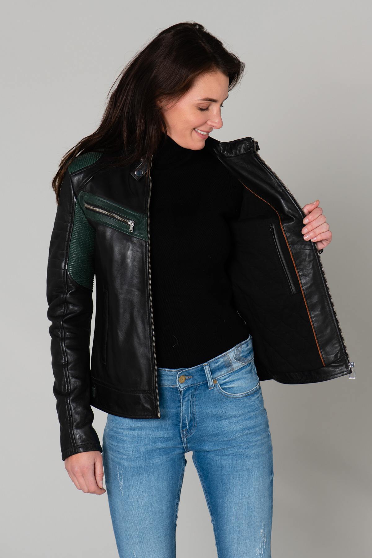 Women's green and black biker-style jacket - Image n°5