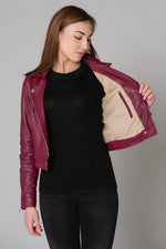 Short plum-colored leather perfecto - Image n°11
