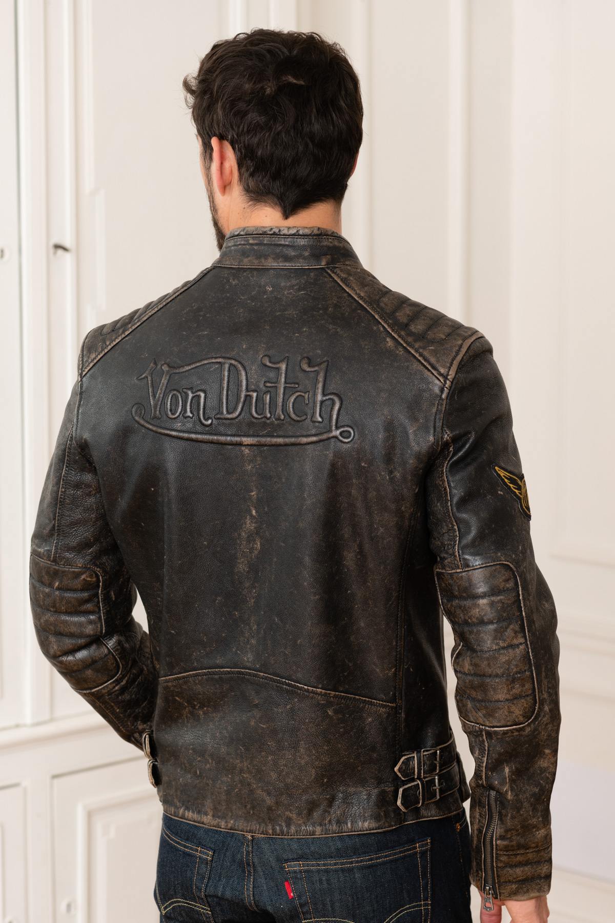 Vintage distressed leather biker jacket - Image n°5