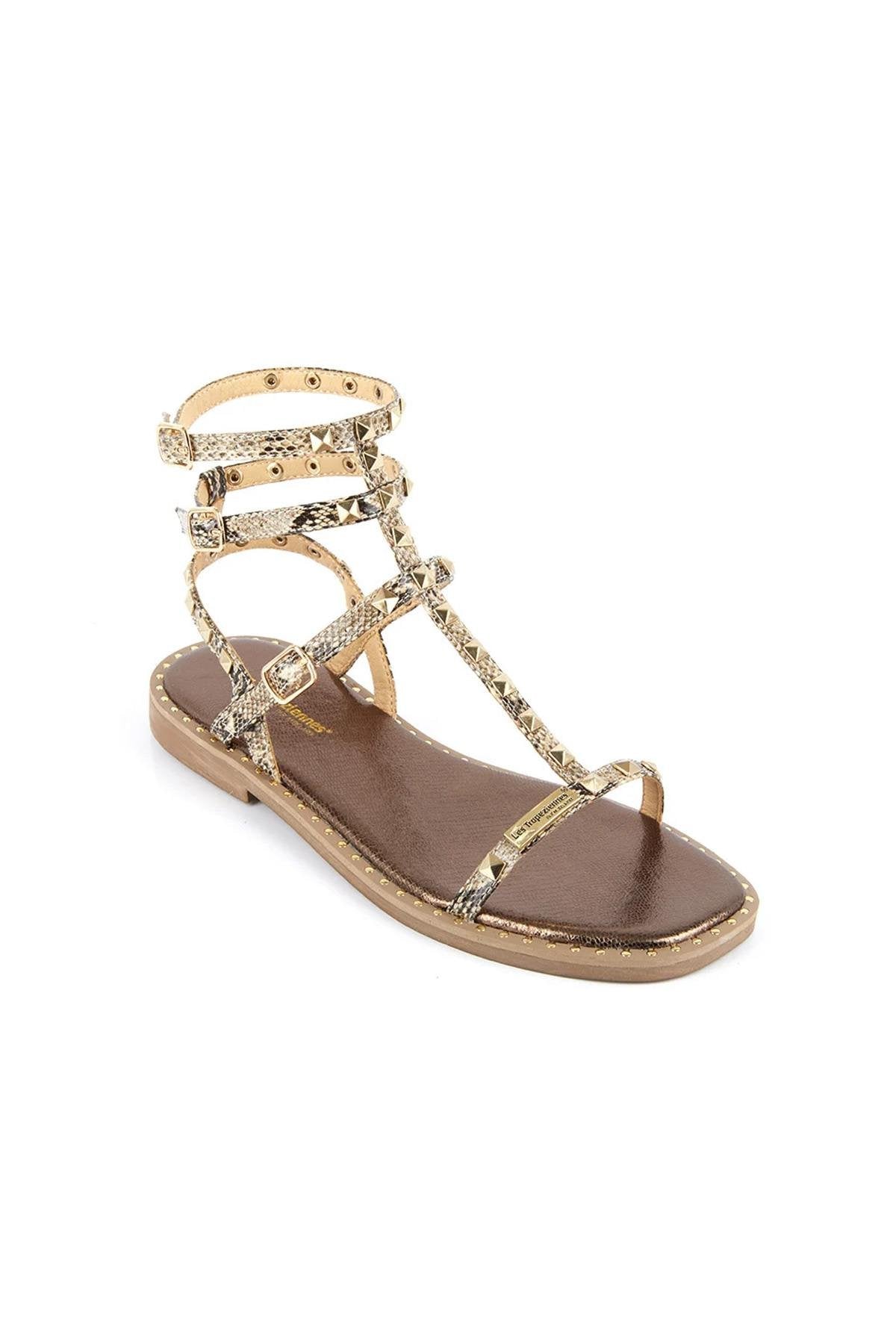 Studded gladiator sandals in beige faux leather - Image n°1