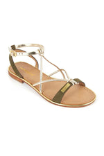 Gold and khaki leather flat sandals - Image n°1