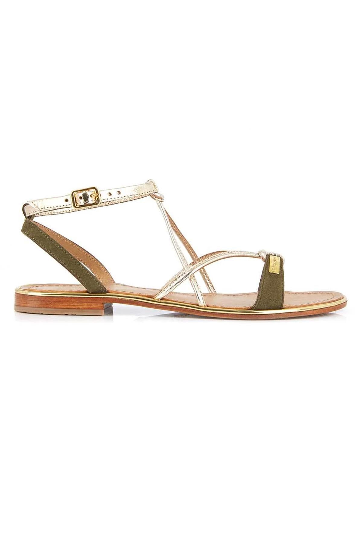 Gold and khaki leather flat sandals - Image n°3