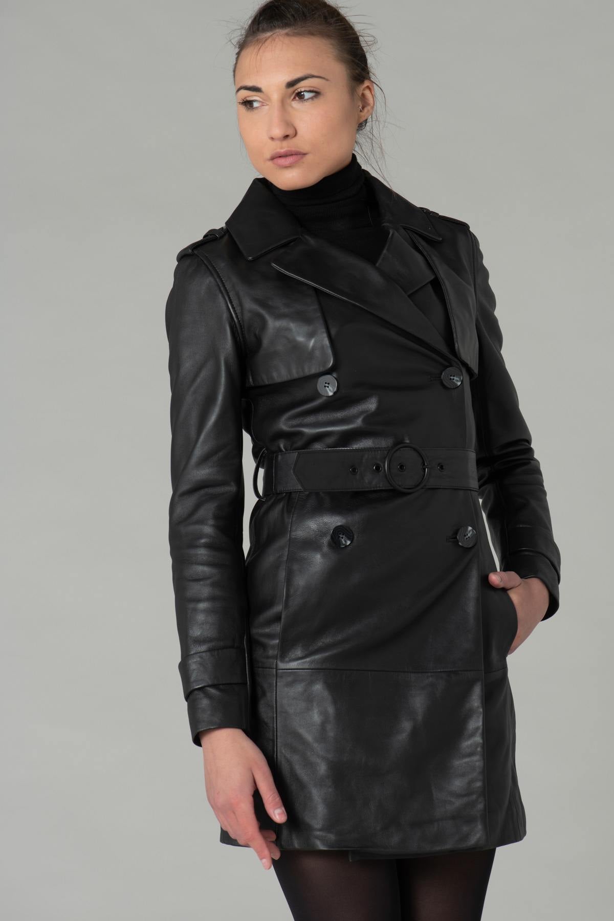 Long black leather trench jacket - Image n°2