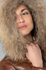Long down jacket in cognac genuine leather - Image n°7