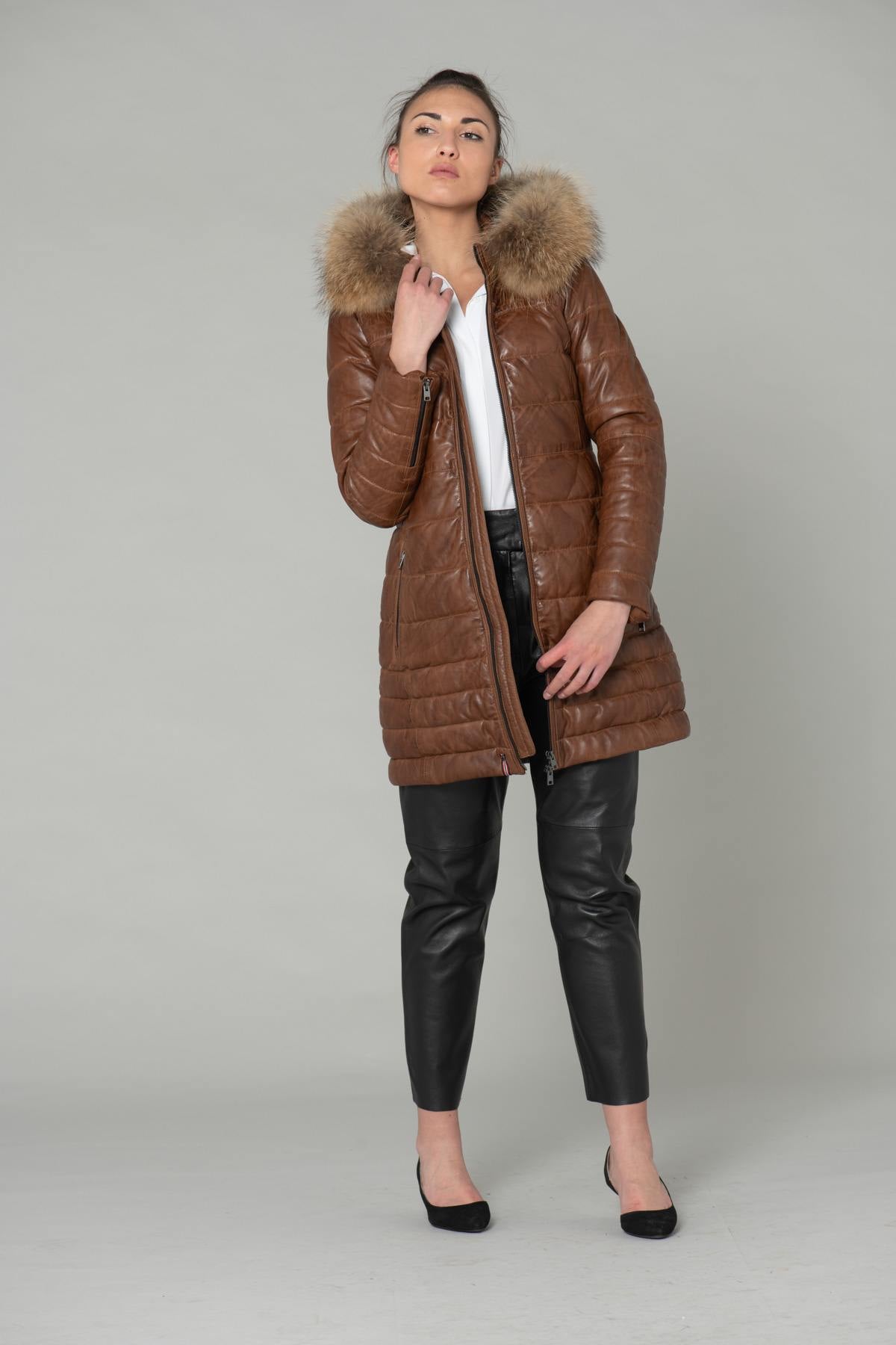 Long down jacket in cognac genuine leather - Image n°8