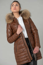 Long down jacket in cognac genuine leather - Image n°1