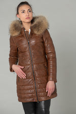Long down jacket in cognac genuine leather - Image n°3