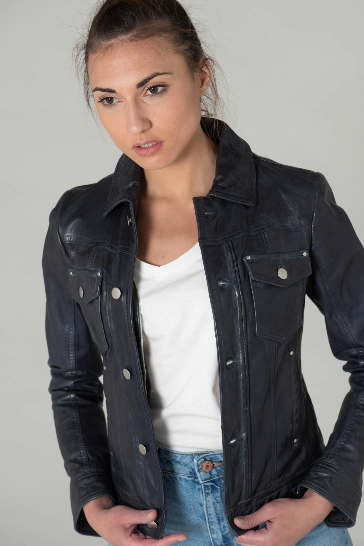 Dark Blue Leather Jacket - Image n°3