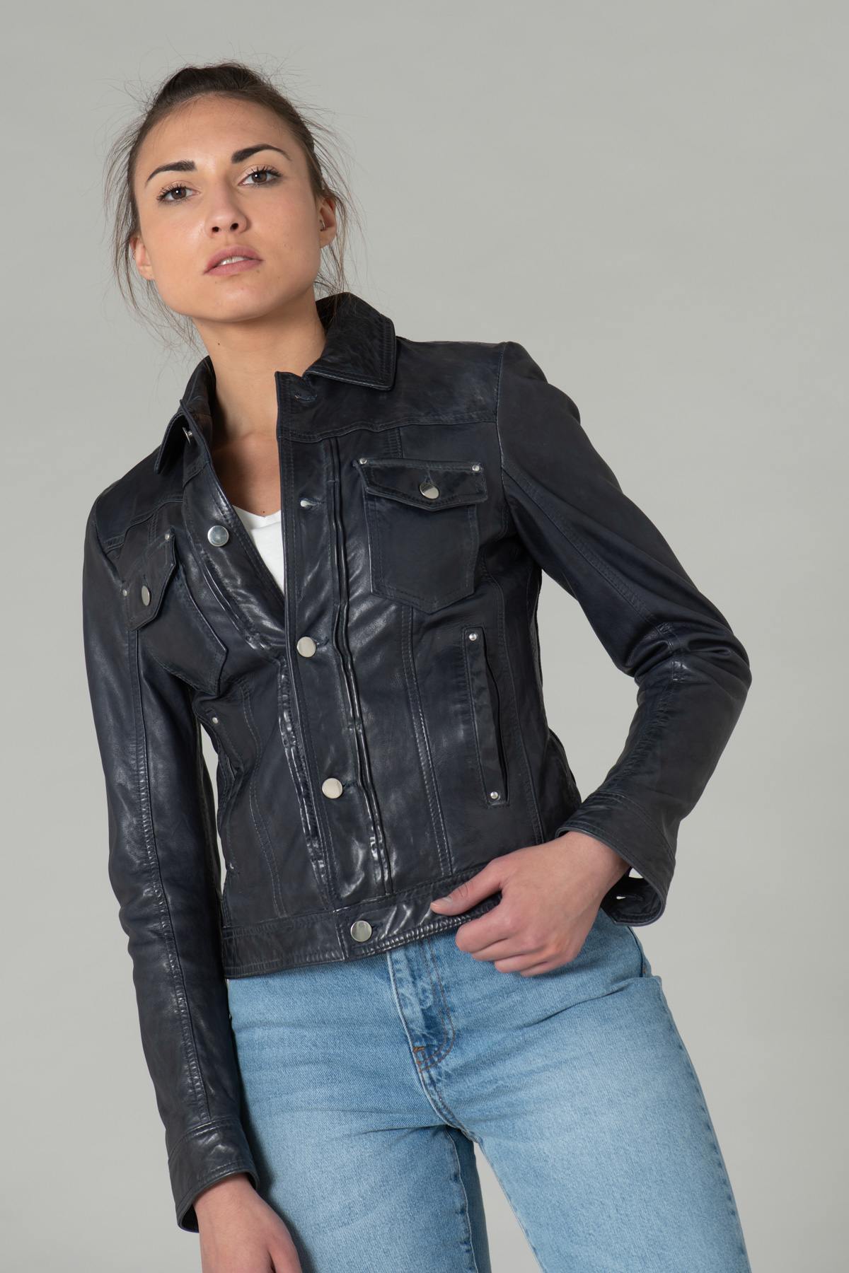 Dark Blue Leather Jacket - Image n°2