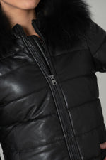 Women's down jacket in black sheepskin with black fur - Image n°7