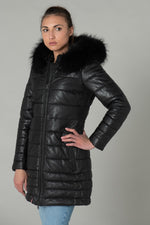 Women's down jacket in black sheepskin with black fur - Image n°1