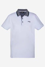White cotton polo shirt with striped collar - Image n°1