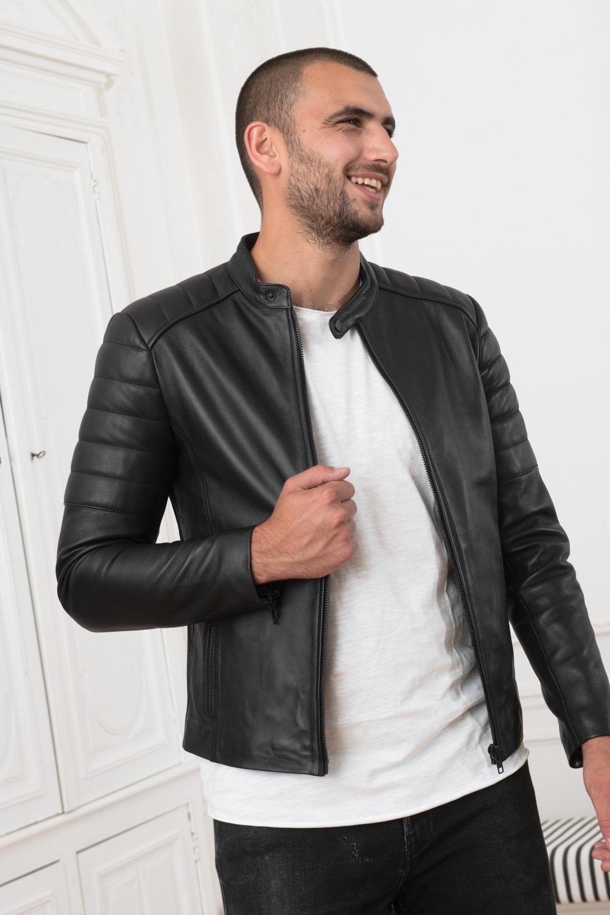 Biker-style fitted leather jacket - Image n°1