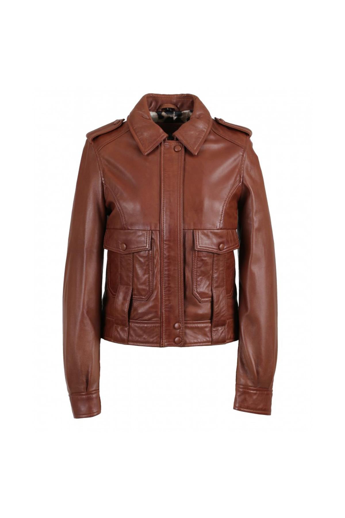 Women's pilot-inspired tan leather jacket - Image n°5