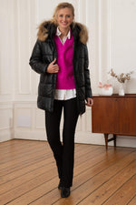 Women's black real leather and fur down jacket - Image n°2