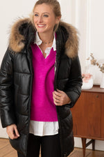 Women's black real leather and fur down jacket - Image n°3