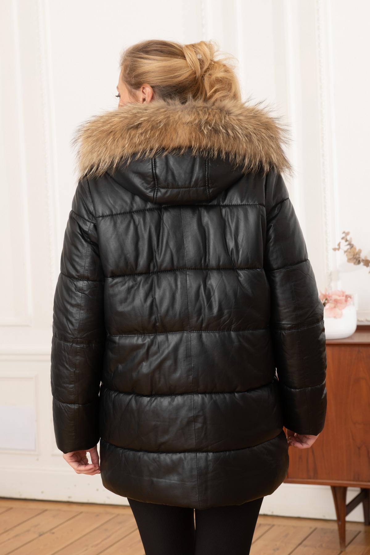 Women's black real leather and fur down jacket - Image n°5