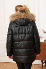 Women's black real leather and fur down jacket - Image n°5