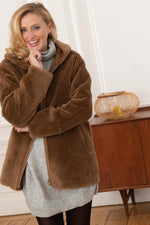 Cognac faux fur hooded coat - Image n°1